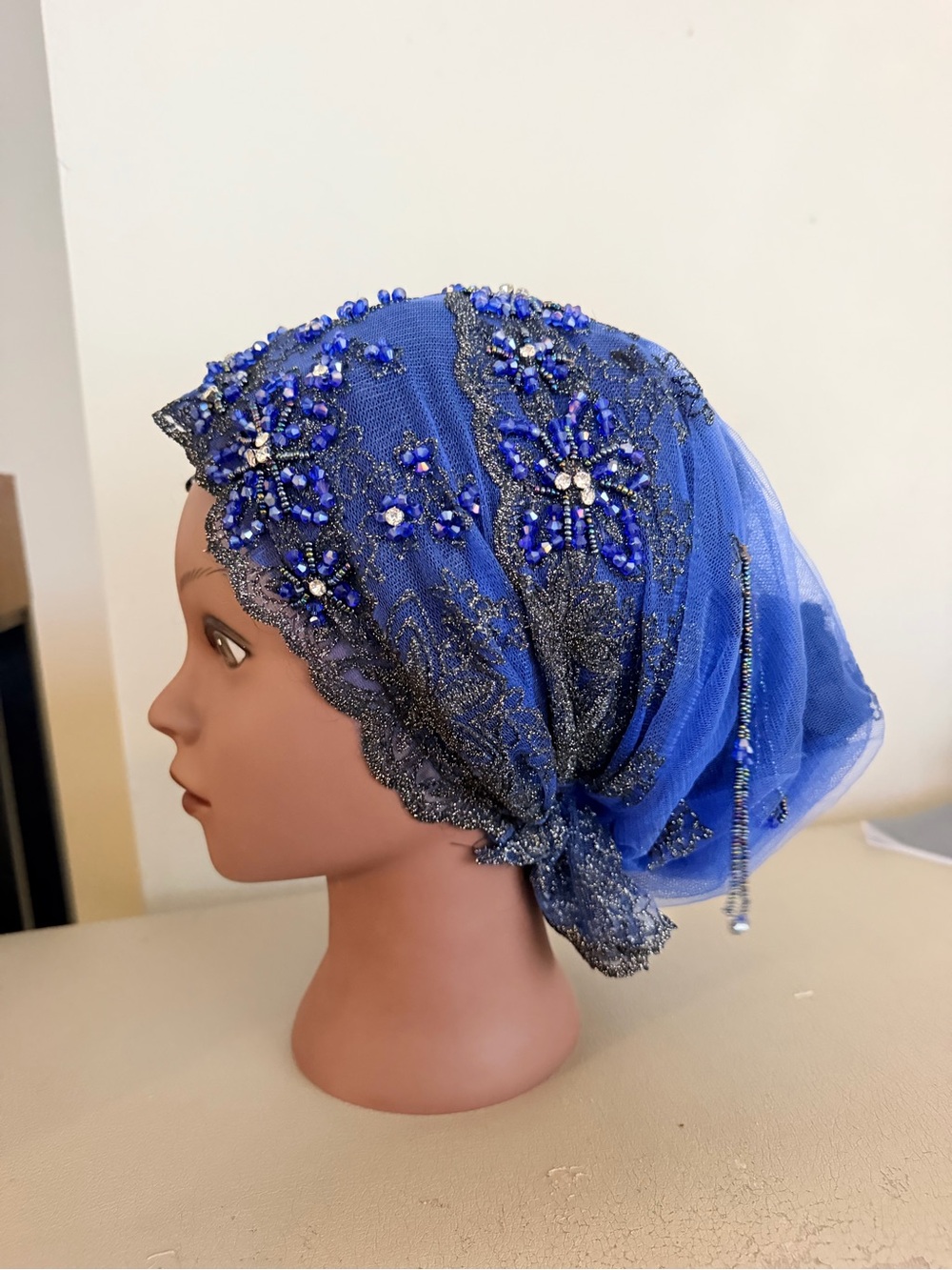 Embellished Royal Blue Beaded Headscarf